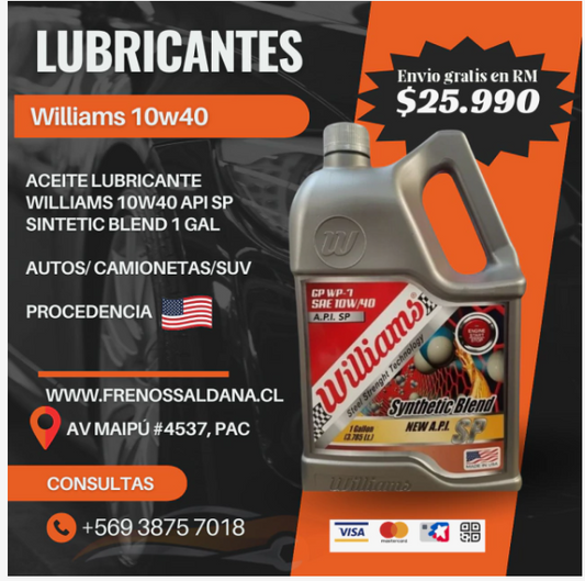 Aceite Lubricante Williams 10w40 Api Sp Sintetic Blend 1 Gal